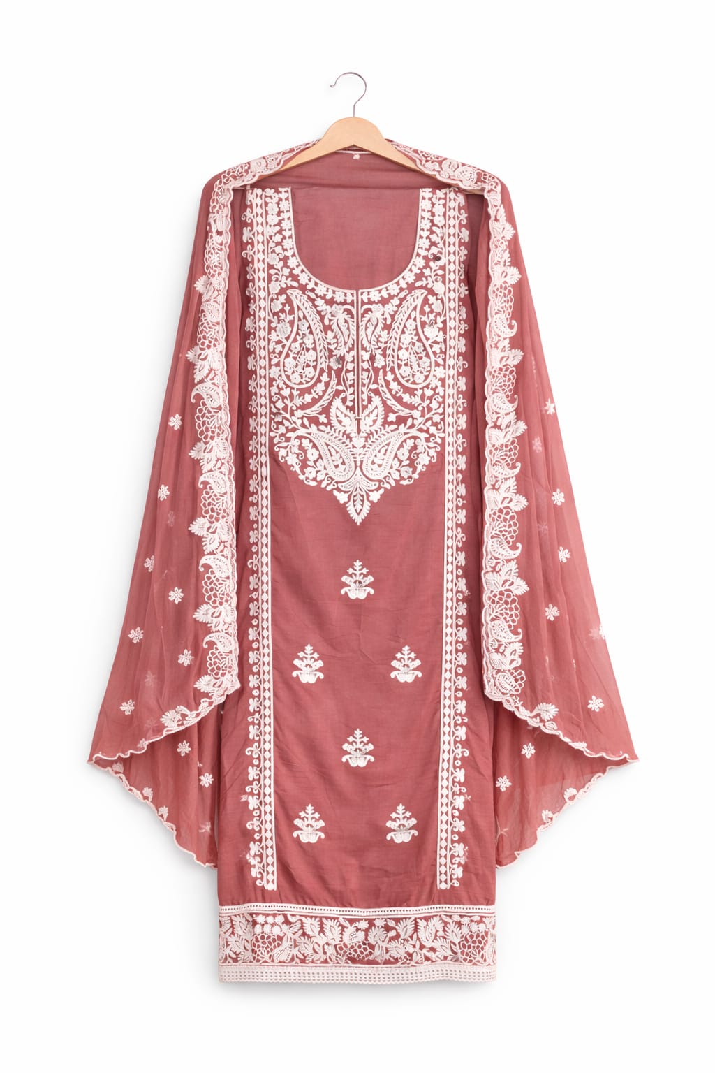 Marjeena Onion Pink Chikankari Lucknowi Paisley Embroidered Unstitched Suit Set