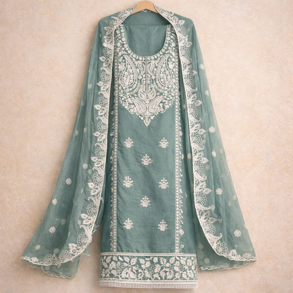 Marjeena Sea Green Chikankari Lucknowi Paisley Embroidered Unstitched Suit Set