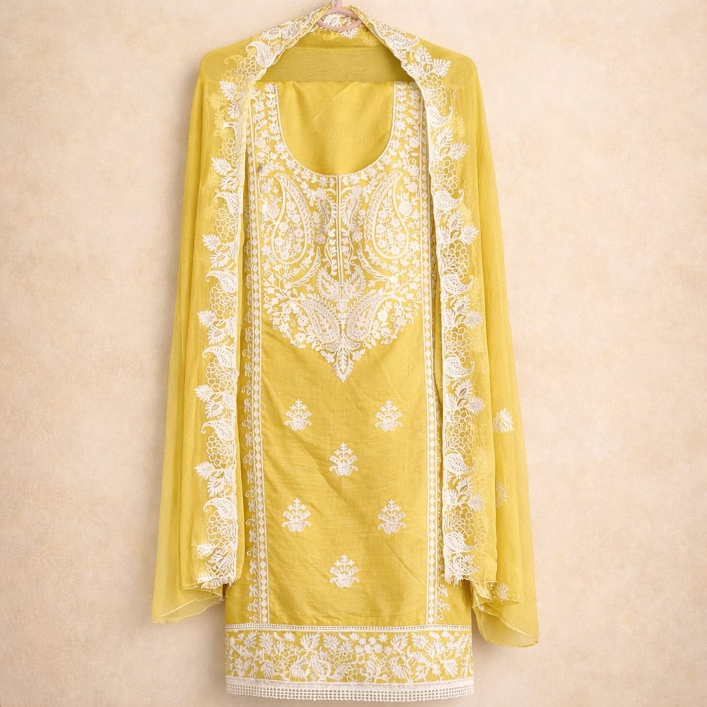 Marjeena Mustard Yellow Chikankari Lucknowi Paisley Embroidered Unstitched Suit Set