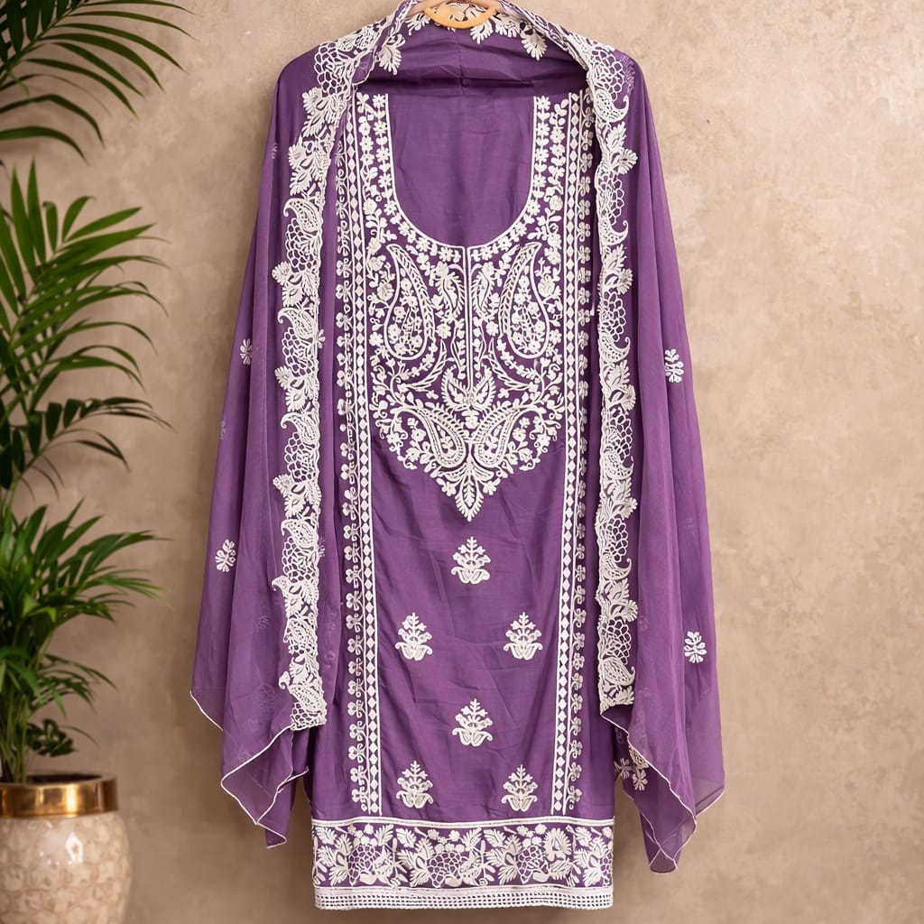 Marjeena Purple Chikankari Lucknowi Paisley Embroidered Unstitched Suit Set