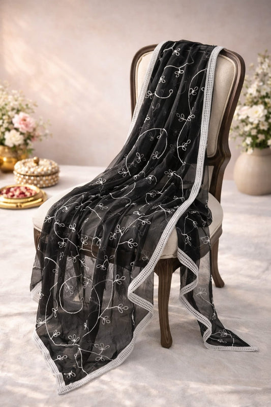 Marjeena Black Embroidered Sheer Dupatta – Premium Ethnic Accessory - Marjeena collection