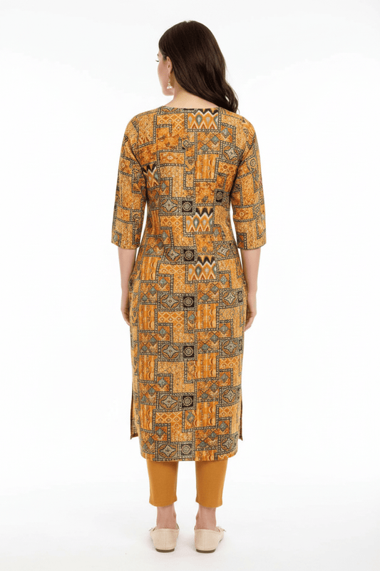 Marjeena Women's Mustard Yellow Geometric Abstract Printed Cotton Kurti - Marjeena collection