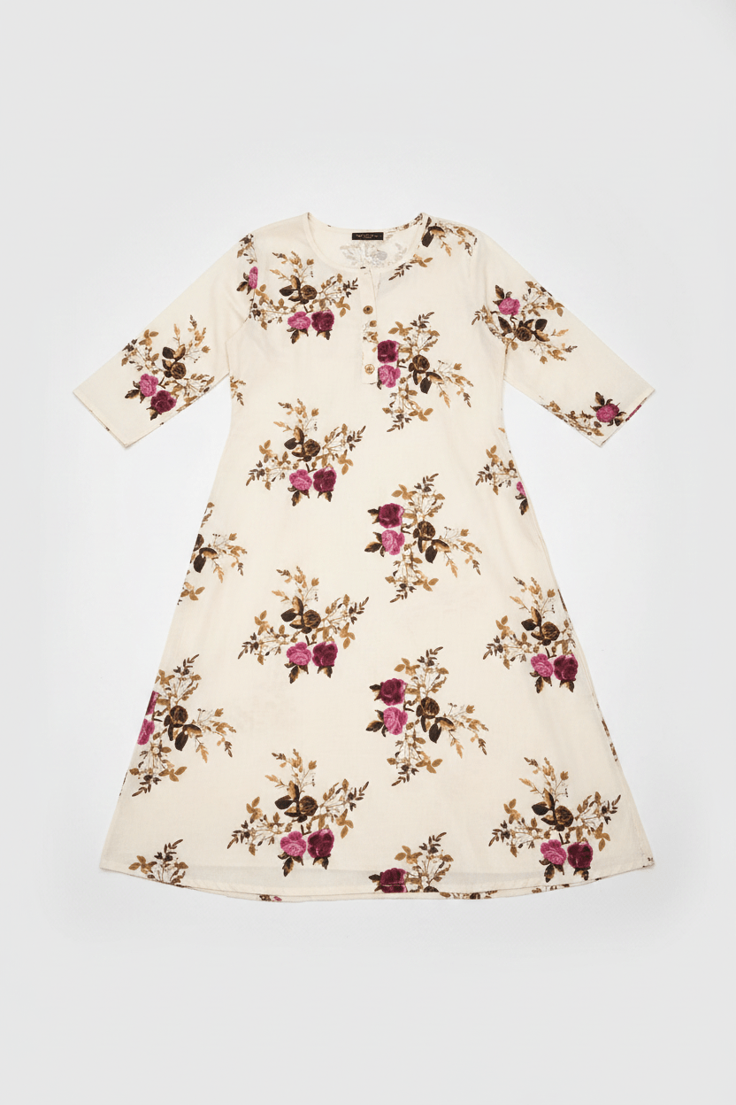 Marjeena Women's Off - White Floral Printed Cotton A - Line Kurti - Marjeena collection