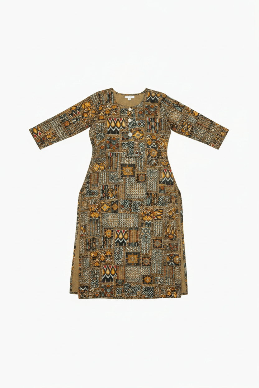 Marjeena Women's Olive & Brown Geometric Abstract Printed Cotton Kurti - Marjeena collection