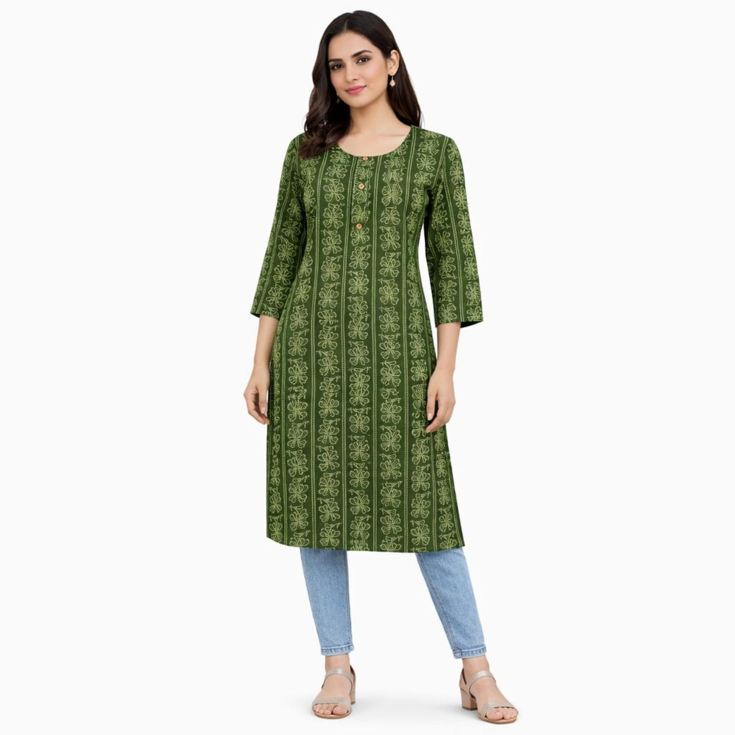 Marjeena Women's Olive Green Ethnic Printed Cotton Straight Kurti - Marjeena collection