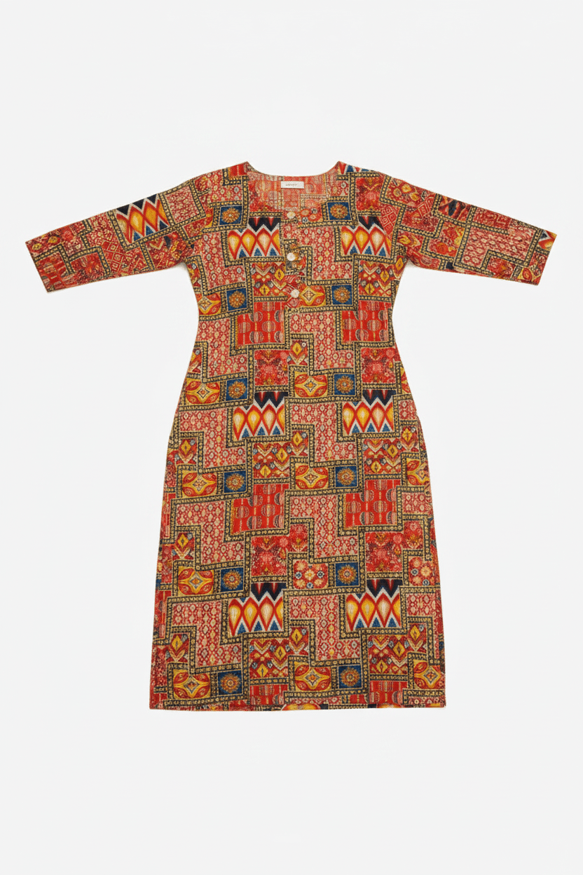 Marjeena Women's Rust Orange Geometric Abstract Printed Cotton Kurti - Marjeena collection