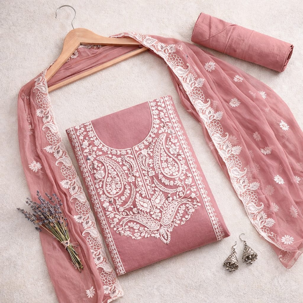 Marjeena Onion Pink Chikankari Lucknowi Paisley Embroidered Unstitched Suit Set