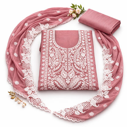 Marjeena Onion Pink Chikankari Lucknowi Paisley Embroidered Unstitched Suit Set