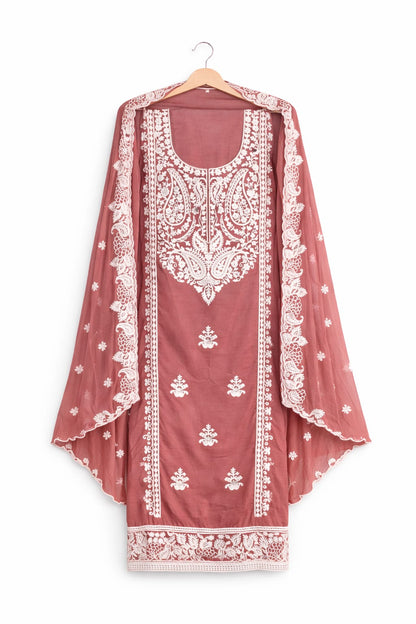 Marjeena Onion Pink Chikankari Lucknowi Paisley Embroidered Unstitched Suit Set