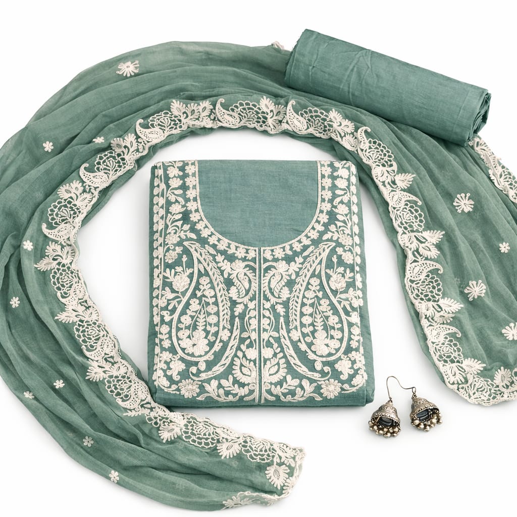 Marjeena Sea Green Chikankari Lucknowi Paisley Embroidered Unstitched Suit Set