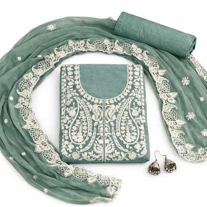 Marjeena Sea Green Chikankari Lucknowi Paisley Embroidered Unstitched Suit Set