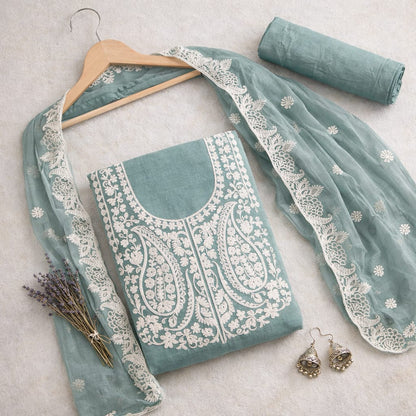 Marjeena Sea Green Chikankari Lucknowi Paisley Embroidered Unstitched Suit Set