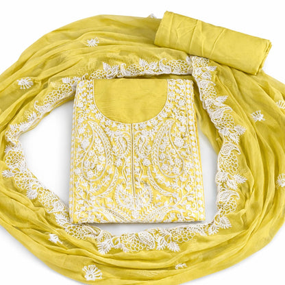 Marjeena Mustard Yellow Chikankari Lucknowi Paisley Embroidered Unstitched Suit Set