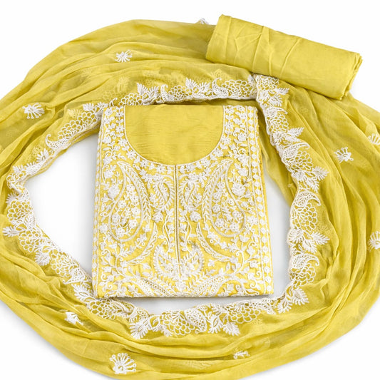Marjeena Mustard Yellow Chikankari Lucknowi Paisley Embroidered Unstitched Suit Set
