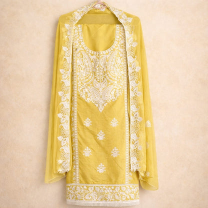 Marjeena Mustard Yellow Chikankari Lucknowi Paisley Embroidered Unstitched Suit Set