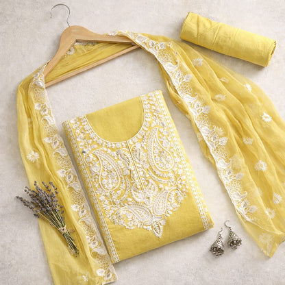 Marjeena Mustard Yellow Chikankari Lucknowi Paisley Embroidered Unstitched Suit Set