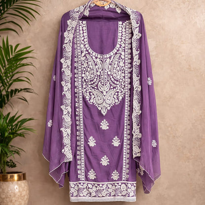 Marjeena Purple Chikankari Lucknowi Paisley Embroidered Unstitched Suit Set