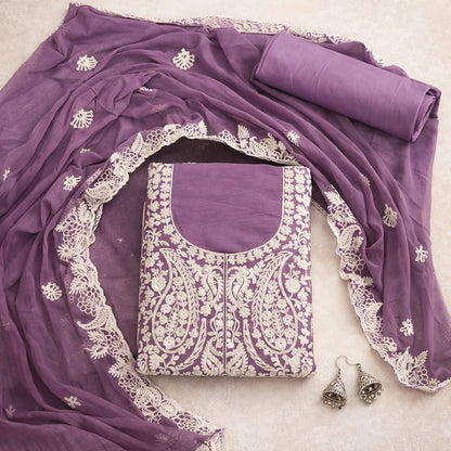 Marjeena Purple Chikankari Lucknowi Paisley Embroidered Unstitched Suit Set