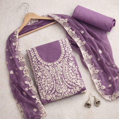Marjeena Purple Chikankari Lucknowi Paisley Embroidered Unstitched Suit Set