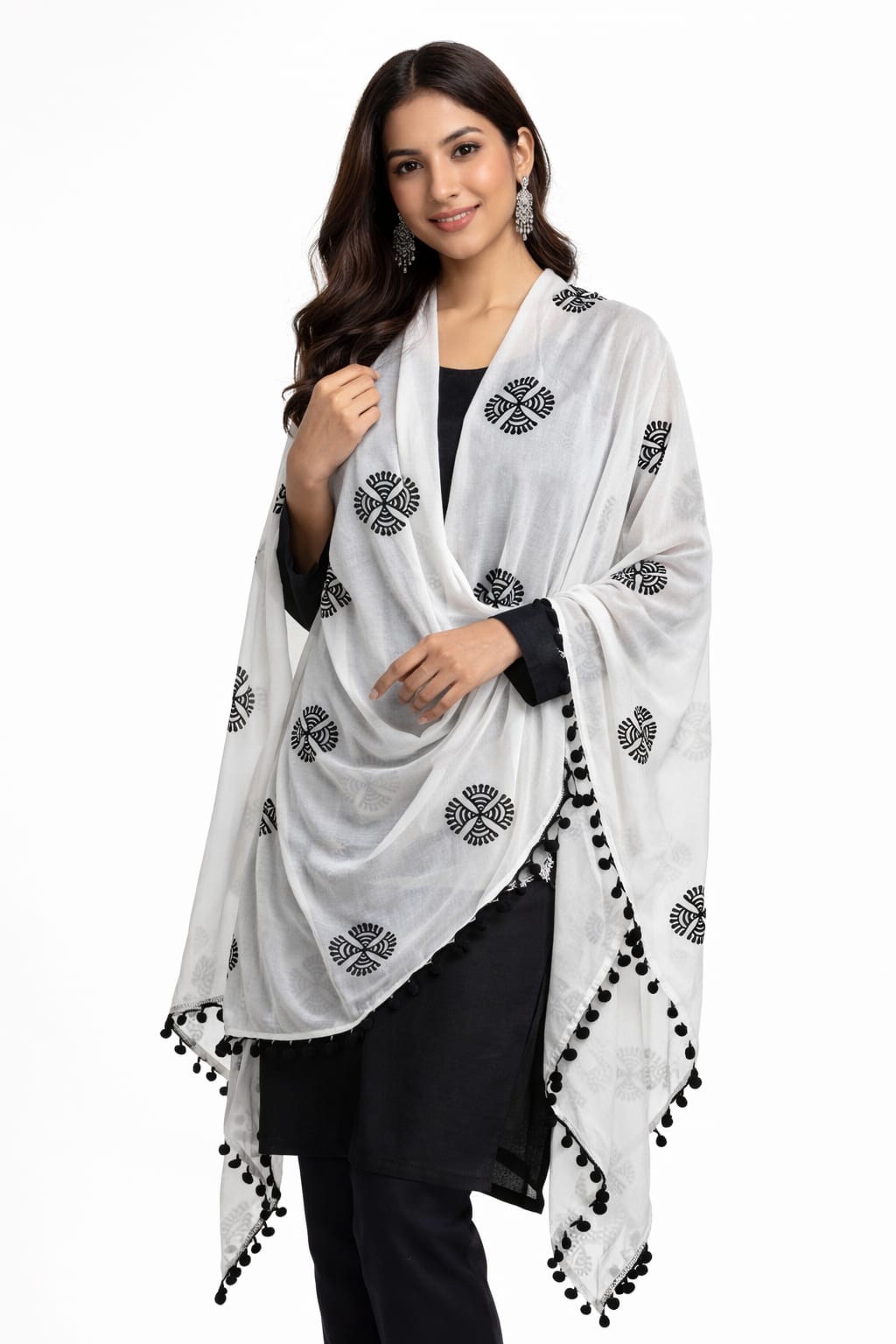 Marjeena White Embroidered Pom - Pom Dupatta – Festive Ethnic Accessory - Marjeena collection