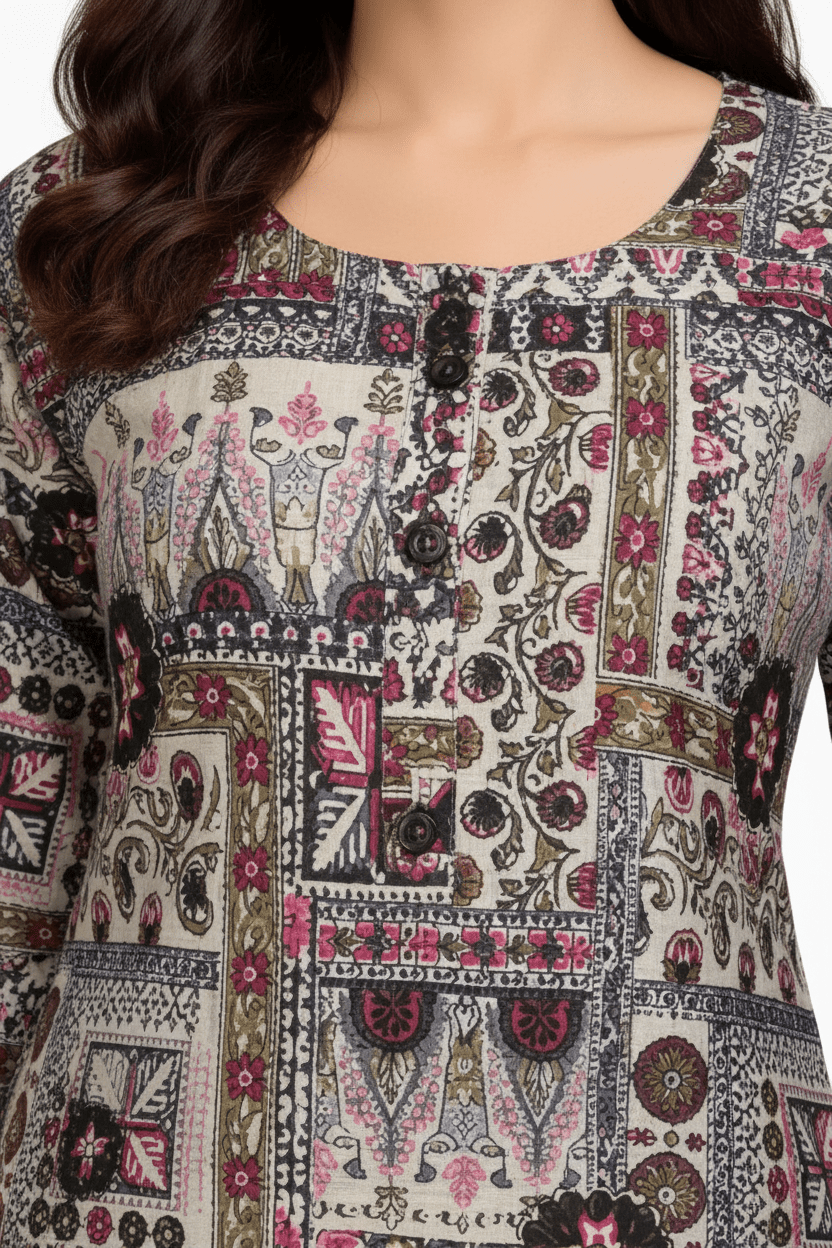 Marjeena Women's Grey Multi - Color Ajrakh Style Printed Cotton Kurti - Marjeena collection