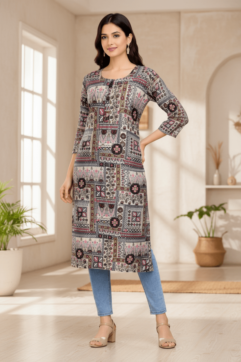 Marjeena Women's Grey Multi - Color Ajrakh Style Printed Cotton Kurti - Marjeena collection