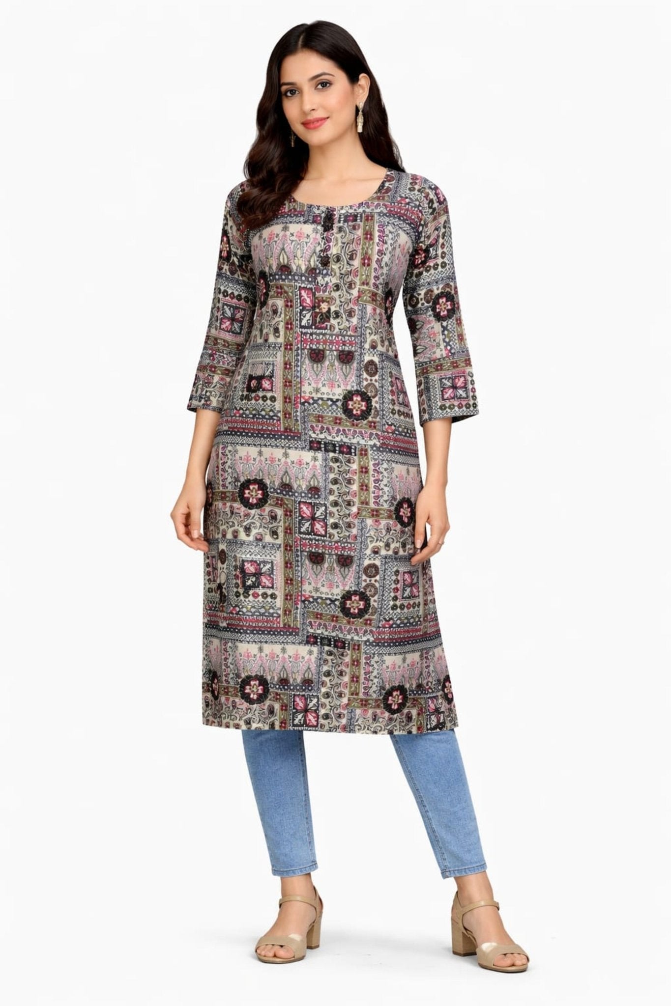 Marjeena Women's Grey Multi - Color Ajrakh Style Printed Cotton Kurti - Marjeena collection