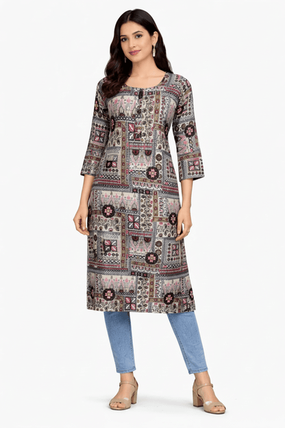 Marjeena Women's Grey Multi - Color Ajrakh Style Printed Cotton Kurti - Marjeena collection