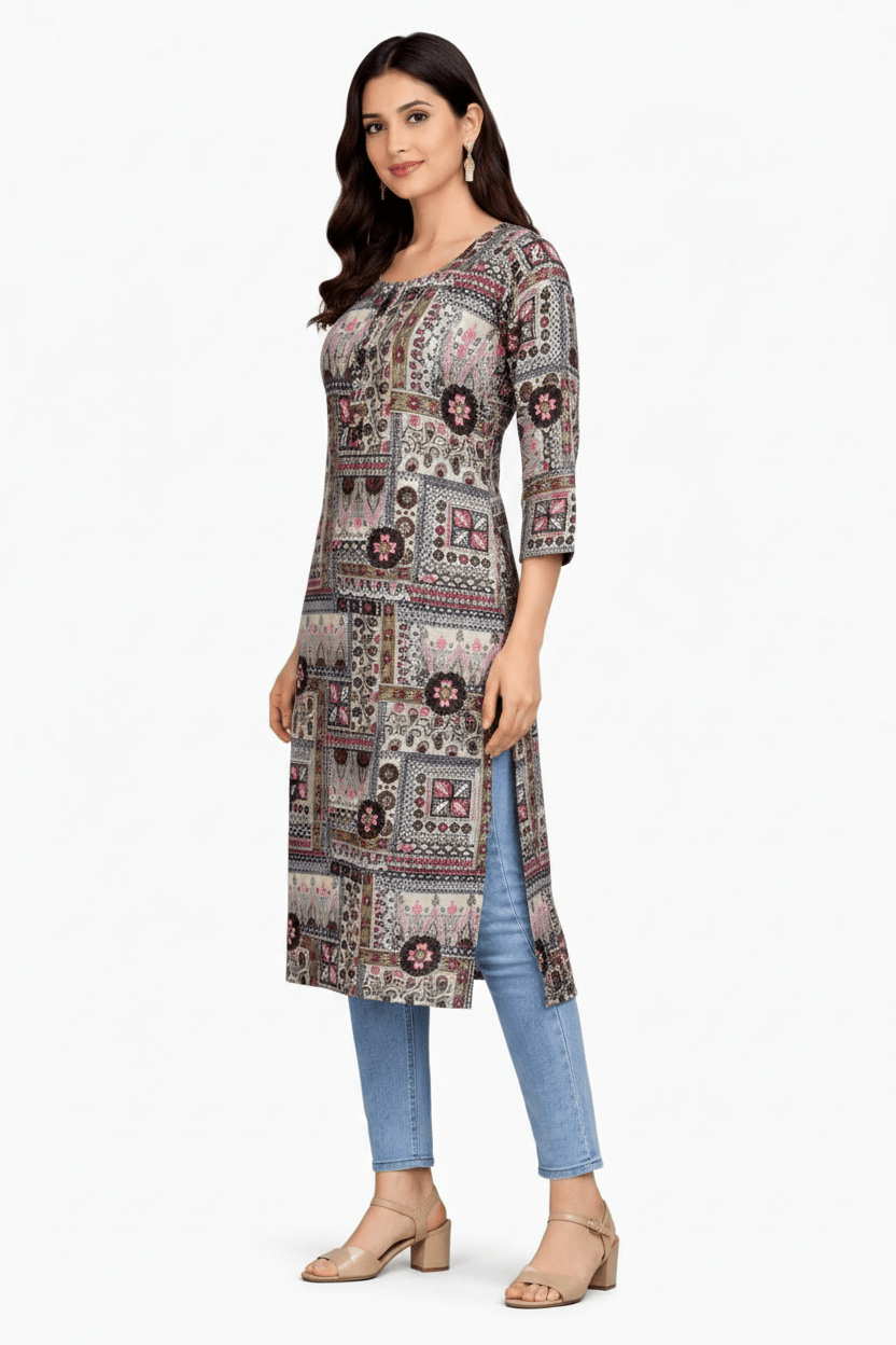 Marjeena Women's Grey Multi - Color Ajrakh Style Printed Cotton Kurti - Marjeena collection