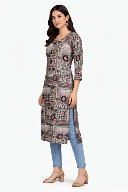 Marjeena Women's Grey Multi - Color Ajrakh Style Printed Cotton Kurti - Marjeena collection