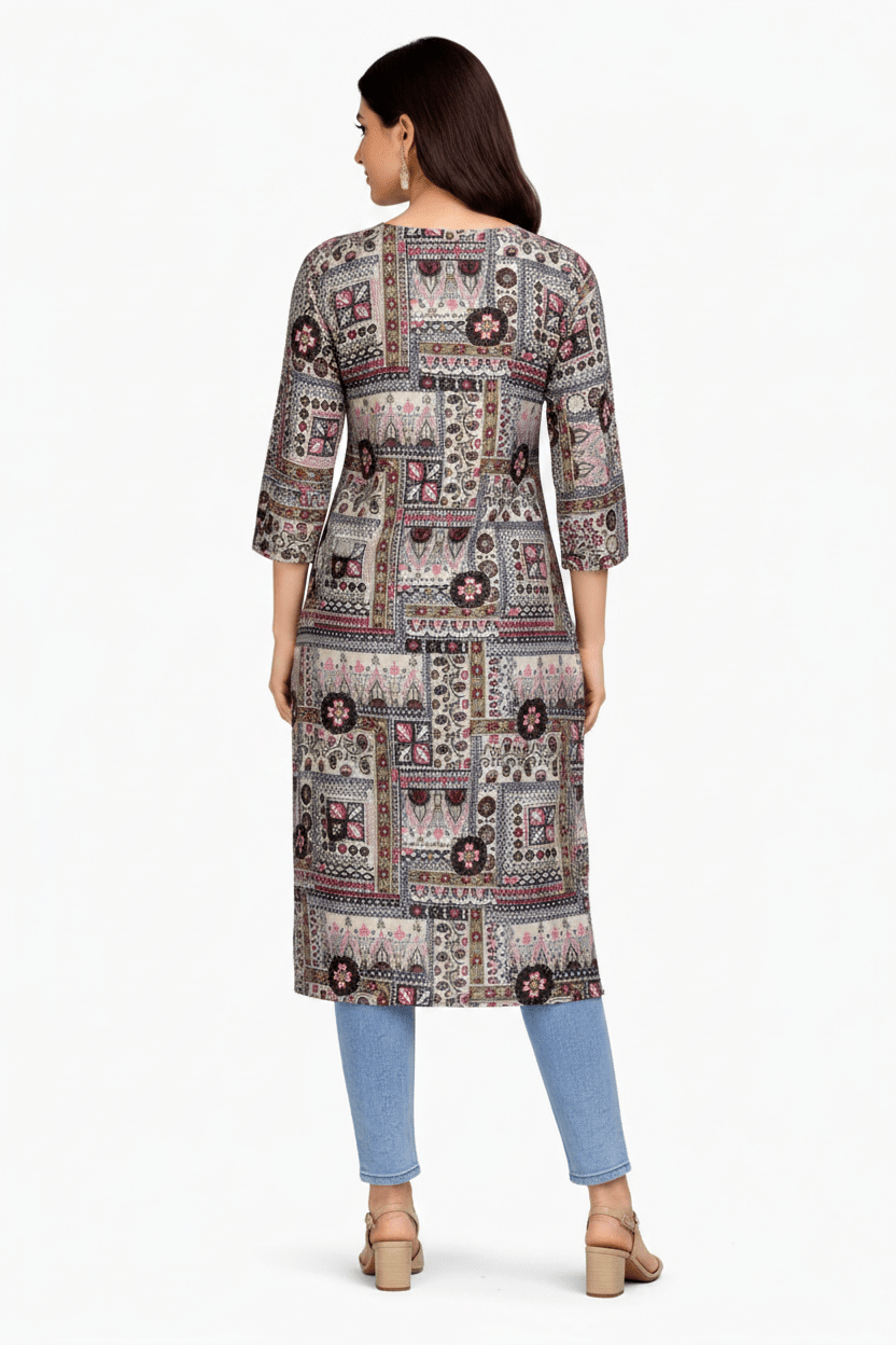 Marjeena Women's Grey Multi - Color Ajrakh Style Printed Cotton Kurti - Marjeena collection