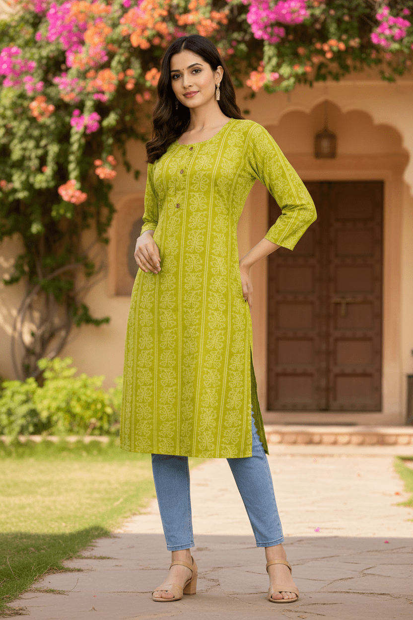 Marjeena Women's Lime Green Ethnic Printed Straight Cotton Kurti - Marjeena collection