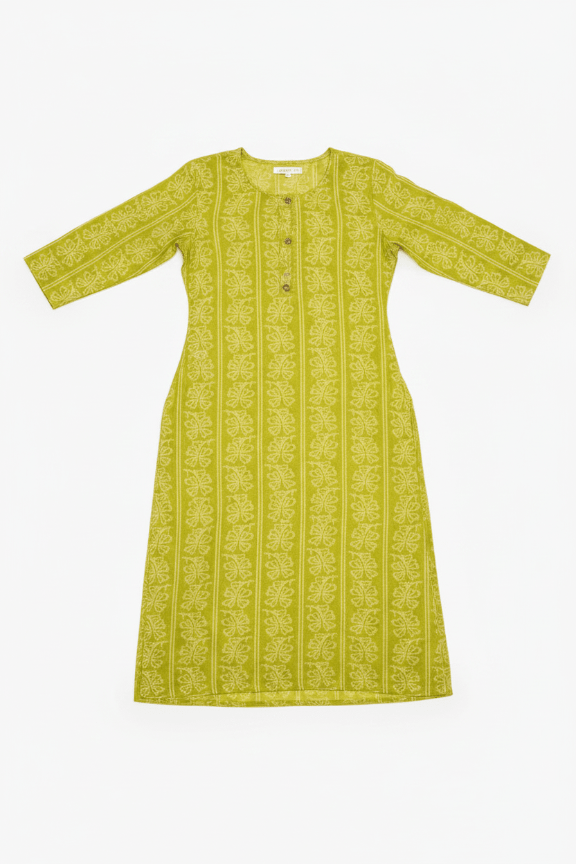 Marjeena Women's Lime Green Ethnic Printed Straight Cotton Kurti - Marjeena collection