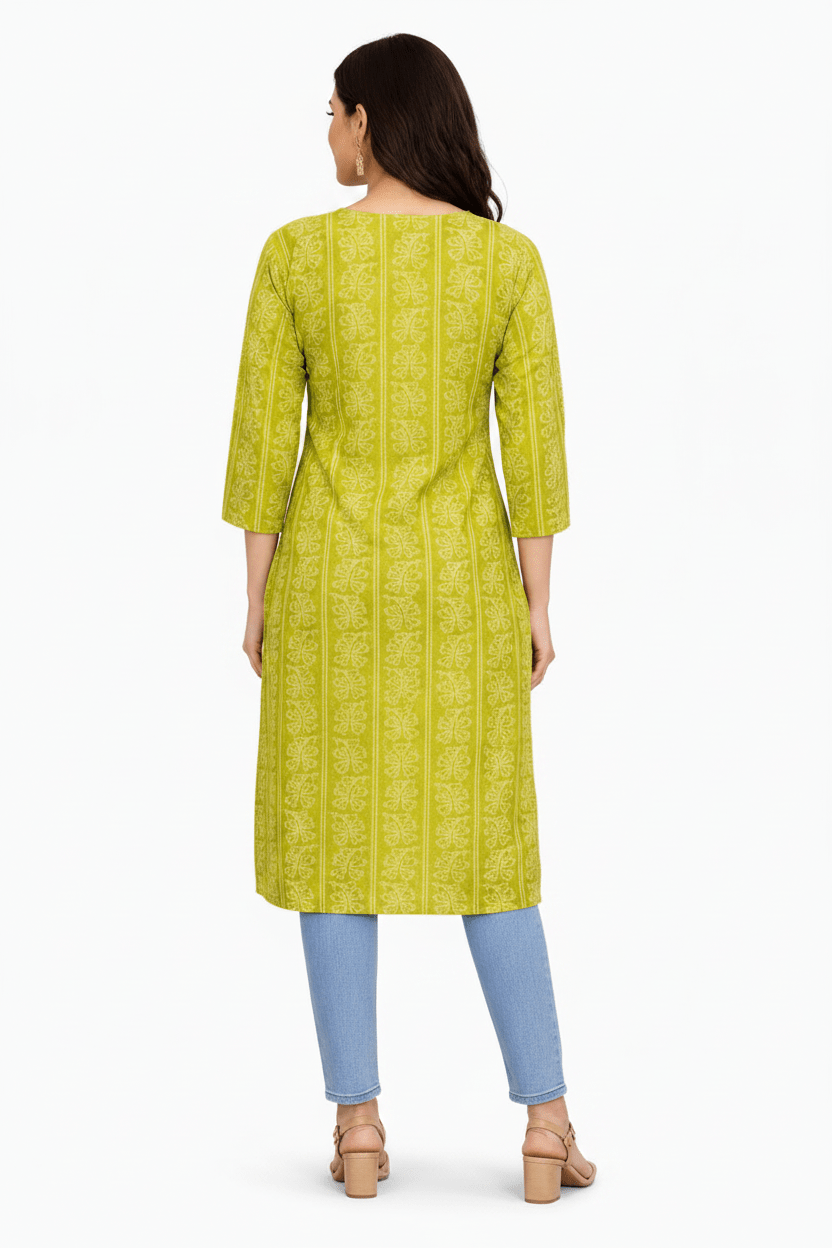 Marjeena Women's Lime Green Ethnic Printed Straight Cotton Kurti - Marjeena collection