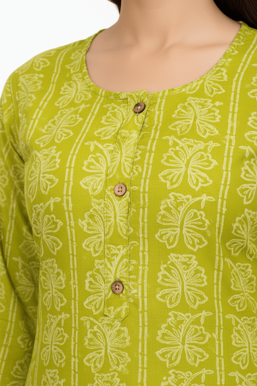 Marjeena Women's Lime Green Ethnic Printed Straight Cotton Kurti - Marjeena collection