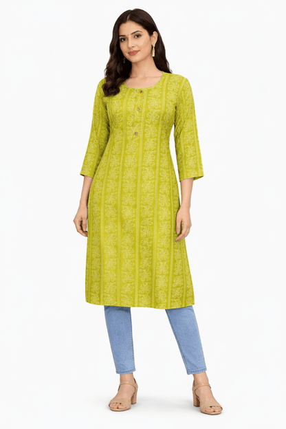Marjeena Women's Lime Green Ethnic Printed Straight Cotton Kurti - Marjeena collection