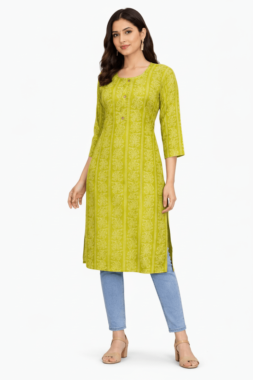 Marjeena Women's Lime Green Ethnic Printed Straight Cotton Kurti - Marjeena collection