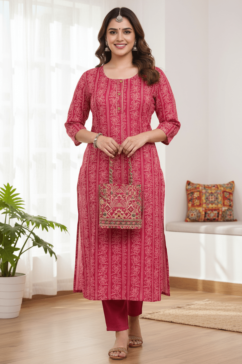 Marjeena Women's Magenta Ethnic Printed Straight Cotton Kurti - Marjeena collection