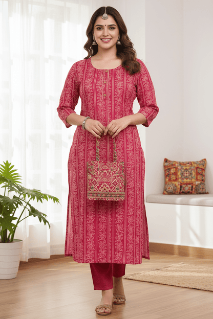 Marjeena Women's Magenta Ethnic Printed Straight Cotton Kurti - Marjeena collection