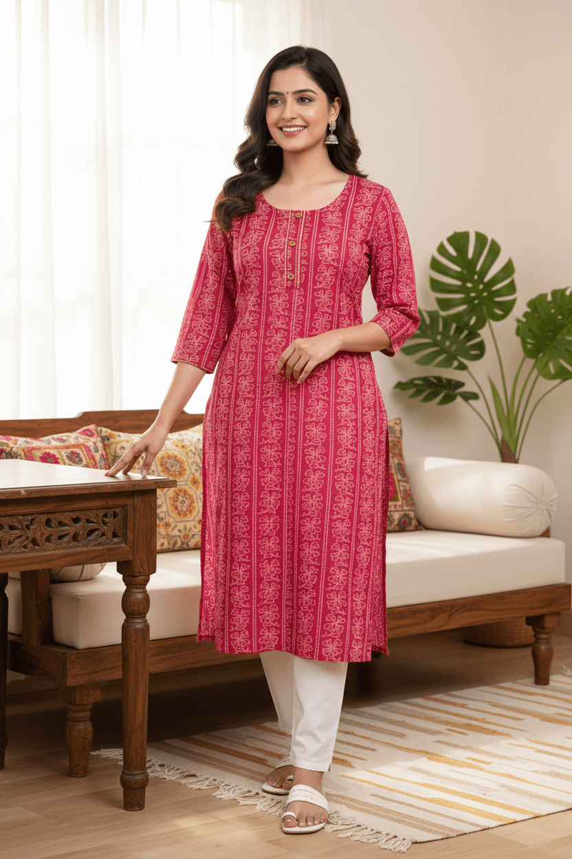Marjeena Women's Magenta Ethnic Printed Straight Cotton Kurti - Marjeena collection