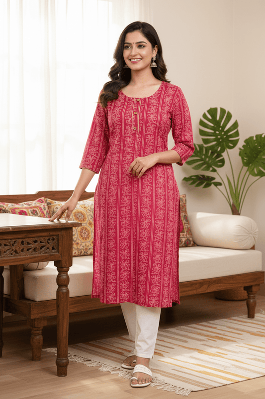 Marjeena Women's Magenta Ethnic Printed Straight Cotton Kurti - Marjeena collection