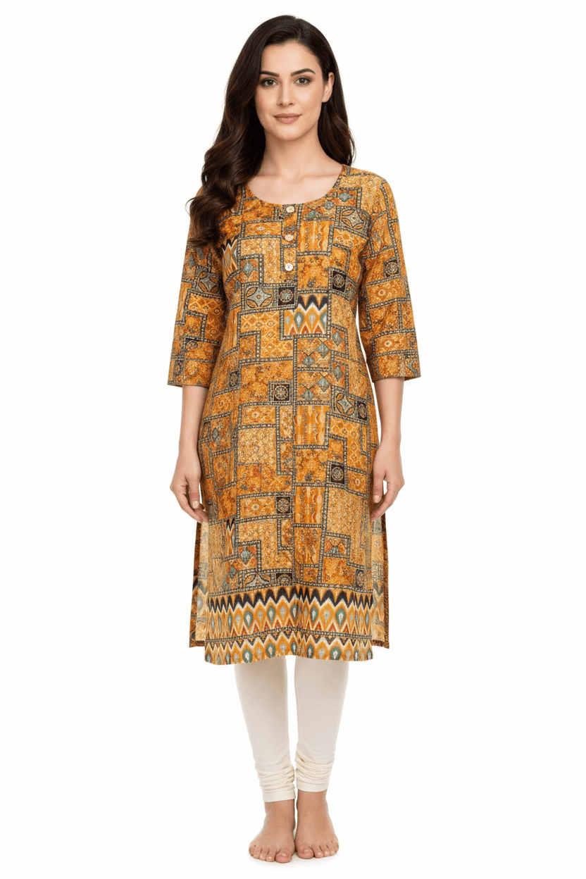 Marjeena Women's Mustard Yellow Geometric Abstract Printed Cotton Kurti - Marjeena collection