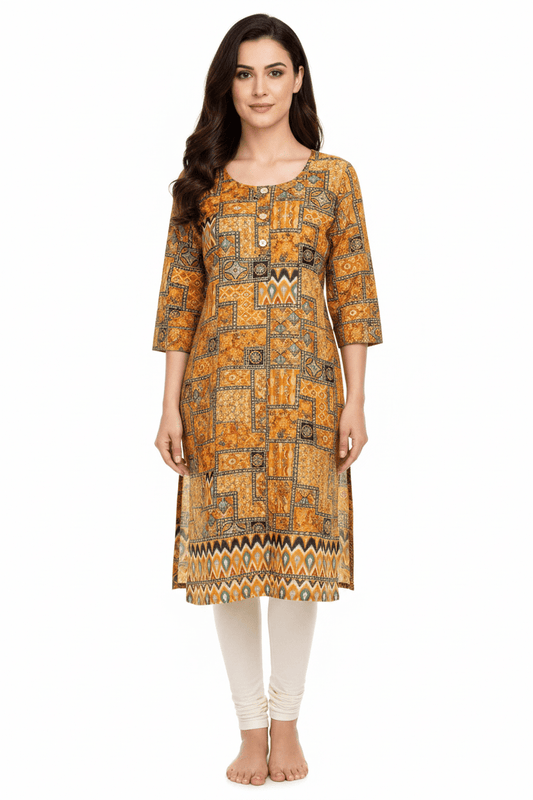 Marjeena Women's Mustard Yellow Geometric Abstract Printed Cotton Kurti - Marjeena collection