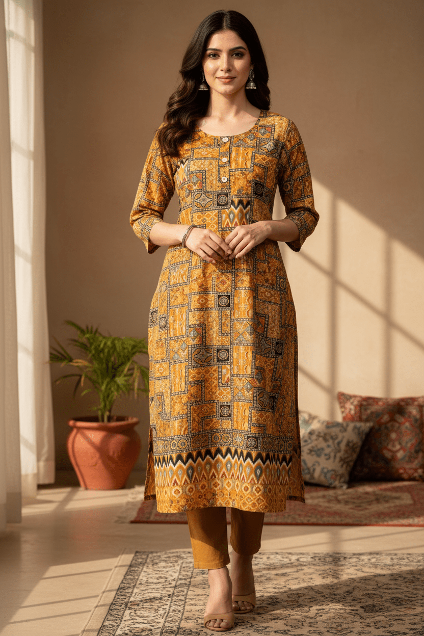 Marjeena Women's Mustard Yellow Geometric Abstract Printed Cotton Kurti - Marjeena collection
