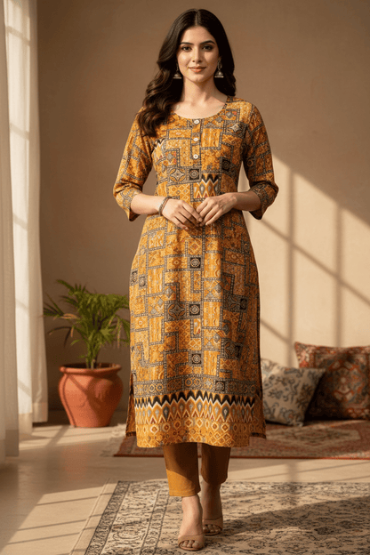 Marjeena Women's Mustard Yellow Geometric Abstract Printed Cotton Kurti - Marjeena collection