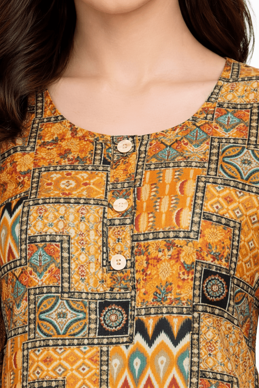 Marjeena Women's Mustard Yellow Geometric Abstract Printed Cotton Kurti - Marjeena collection