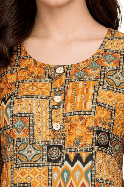Marjeena Women's Mustard Yellow Geometric Abstract Printed Cotton Kurti - Marjeena collection