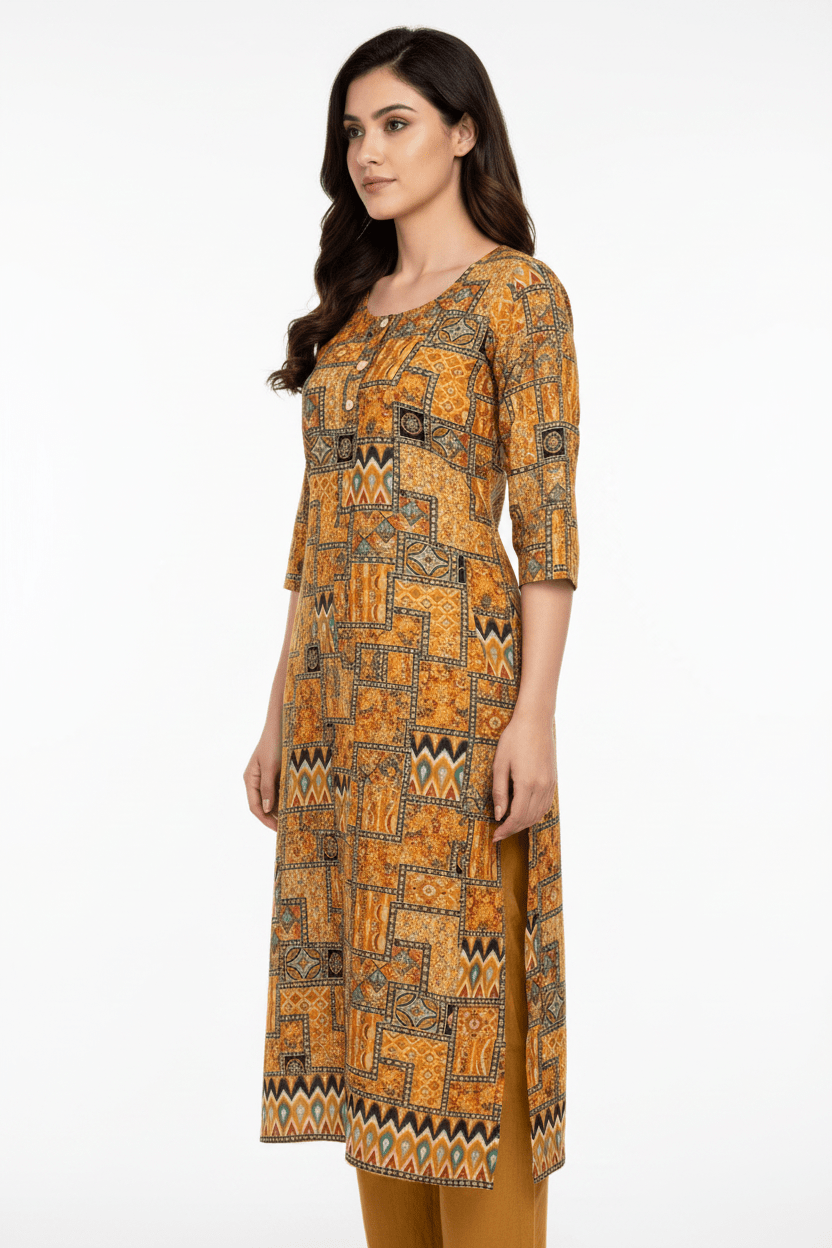 Marjeena Women's Mustard Yellow Geometric Abstract Printed Cotton Kurti - Marjeena collection