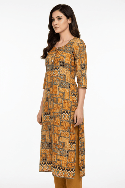 Marjeena Women's Mustard Yellow Geometric Abstract Printed Cotton Kurti - Marjeena collection