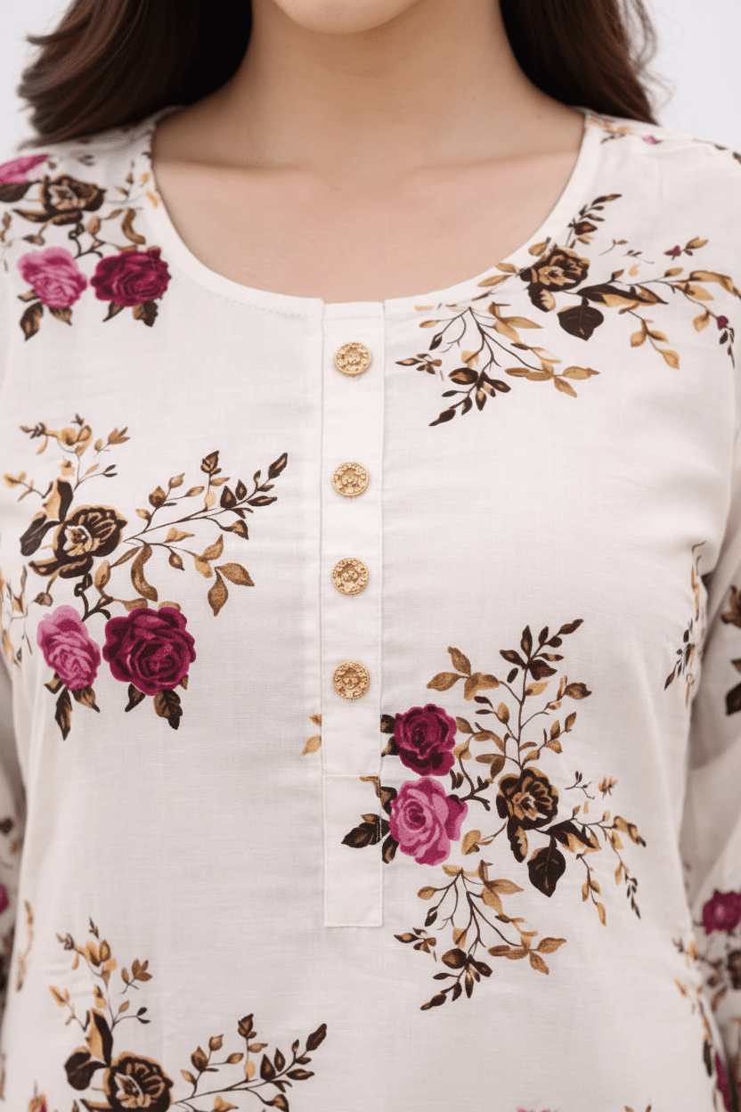 Marjeena Women's Off - White Floral Printed Cotton A - Line Kurti - Marjeena collection
